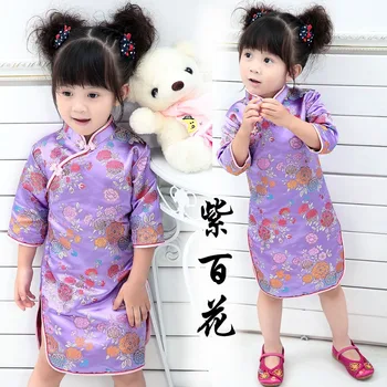 Рокли За момичета Китайски Ципао Три Четвърти от Традиционната Рокля С Цветен Модел на Детски Дрехи